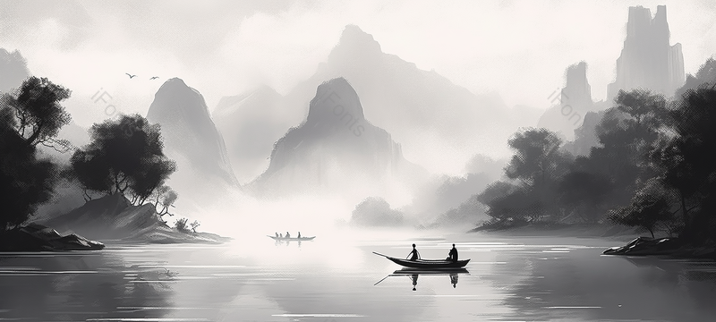中国风山林远景渔船水墨画,插画/手绘图,插画/手绘图库,插画/手绘图下载,插画/手绘